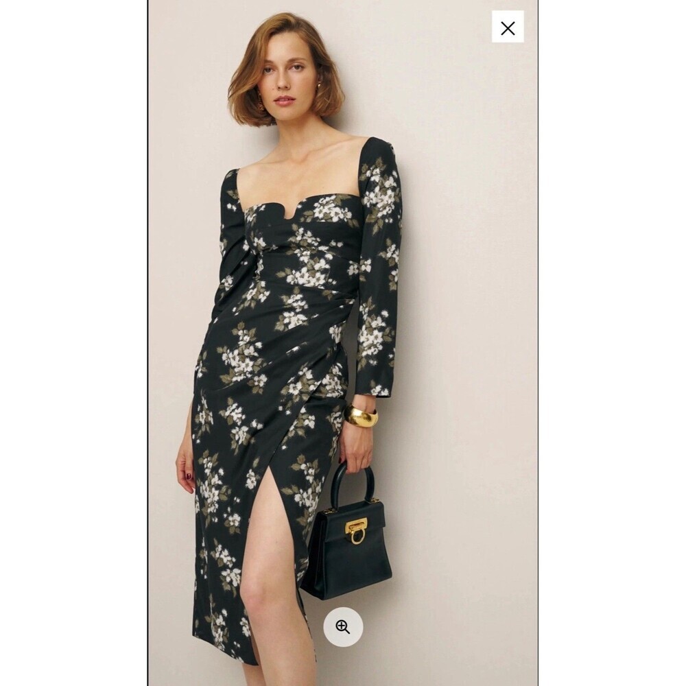 Reformation Floral Sweetheart Neck Midi Dress Long Sleeve Side Slit Size 6 - Picture 6 of 16